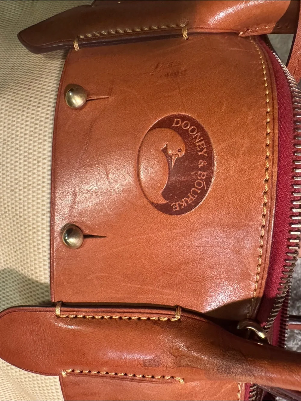 Dooney & Bourke Beige Canvas Satchel with Brown Leather Trim